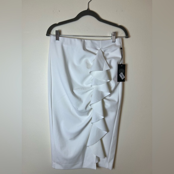 Vince Camuto Womens White Asymmetrical Midi Pencil Skirt Career Chic Ruffle Slip - Picture 1 of 17